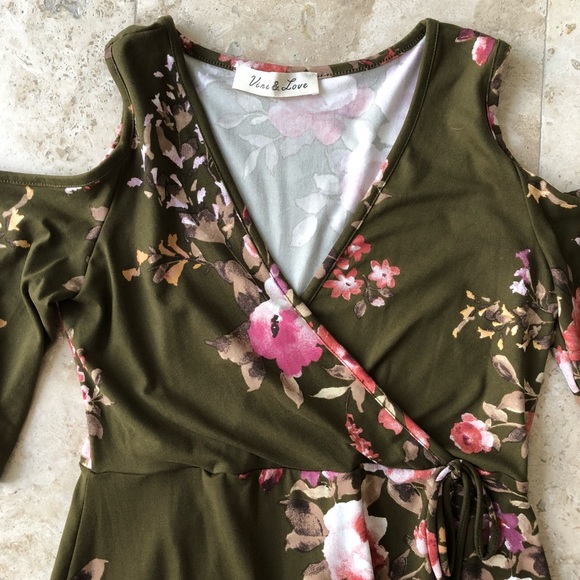 Olive Green Floral Cold Shoulder Dress - Picture 6 of 8